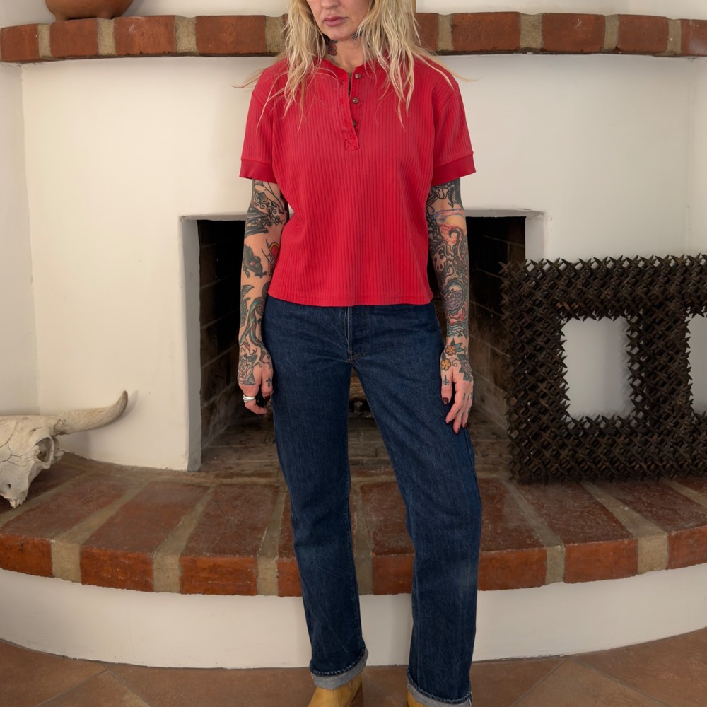 Vintage Lizwear Red Ribbed Cotton Henley Short Sleeve Shirt Womens Medium